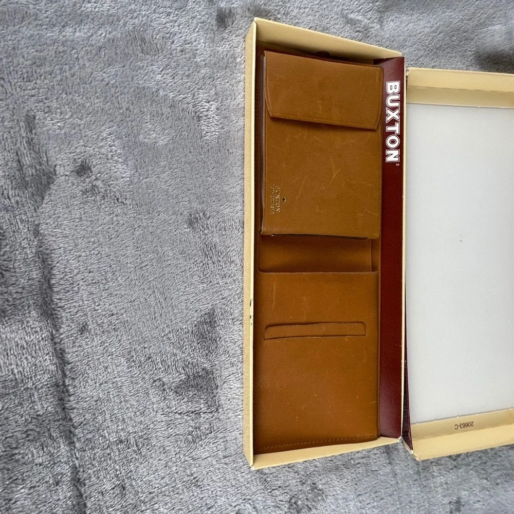 Vintage Buxton Convertible Tan Leather Wallet Slim Bifold with Original Box
